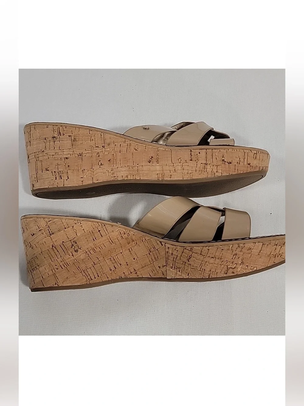 SAM EDELMAN Nude Raynere Patent Leather Cork Wedge Slip On Sandals
